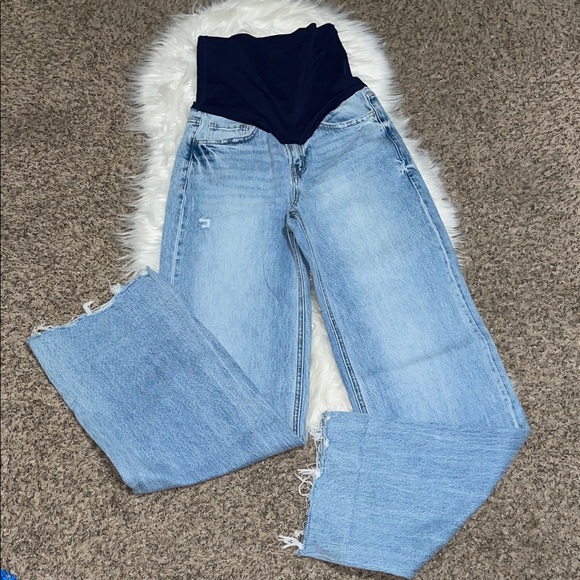 Pinkblush Denim - Pinkblush Relaxed Straight Raw Hem Light Blue Women's Maternity  Jeans